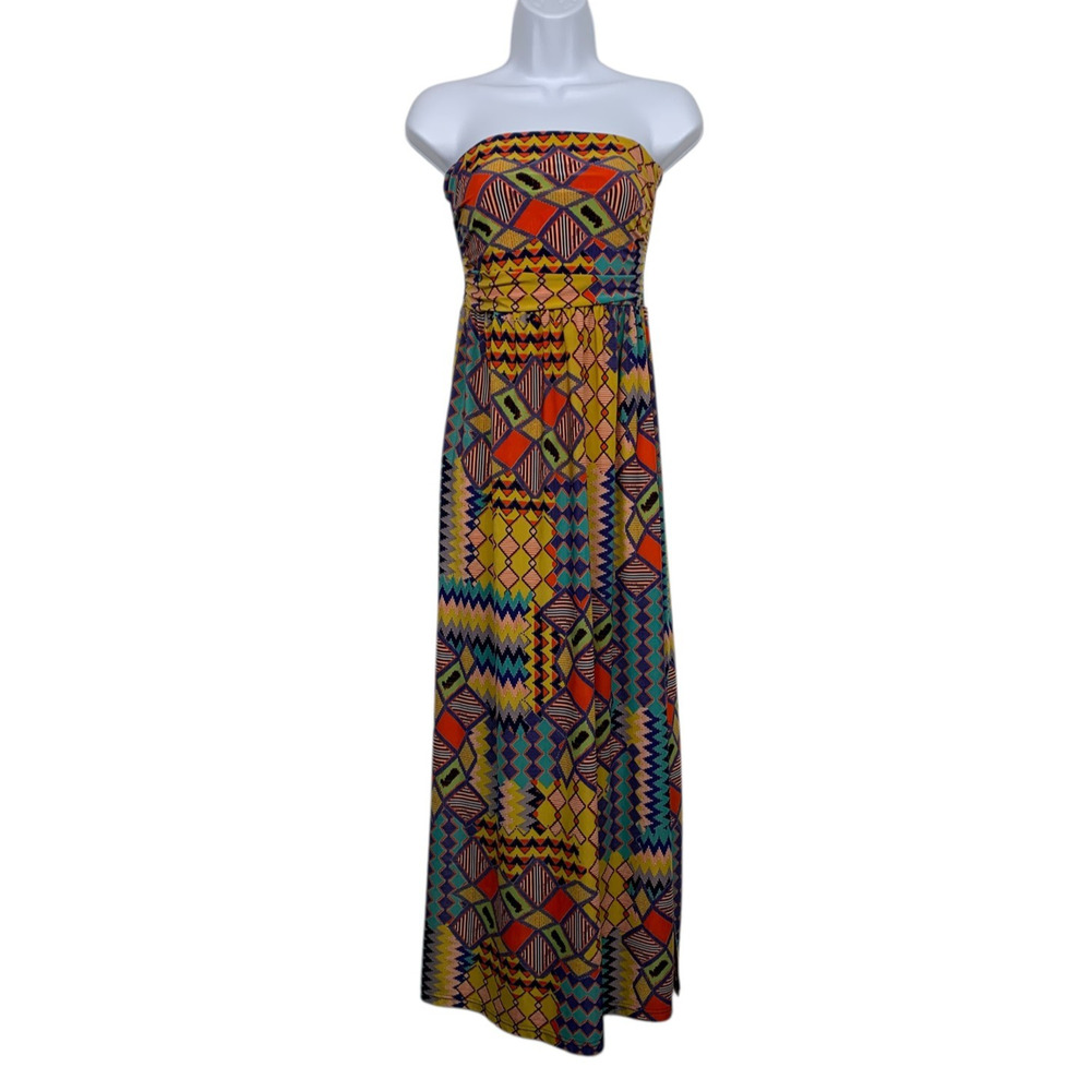 MLLE GABRIEL Women size S Multicolor Strapless Maxi Dress Shirring Back Aztec
